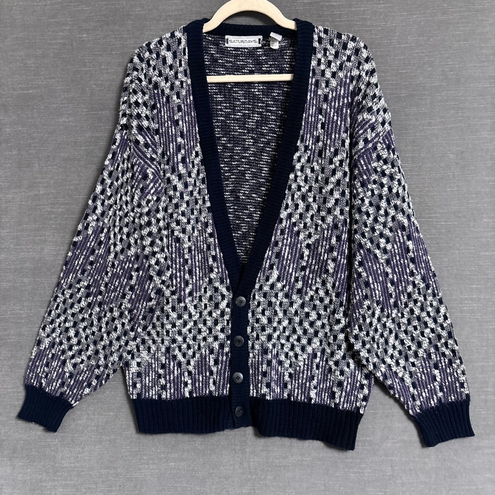 Vintage Saturdays Cardigan Sweater L Gray Purple 3D Knit Grandpa 1990 90s y2k